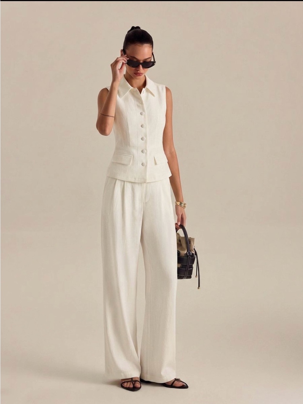 Commense Cream Cotten Linen Sleeveless Button Vest with Wide-Leg Pants